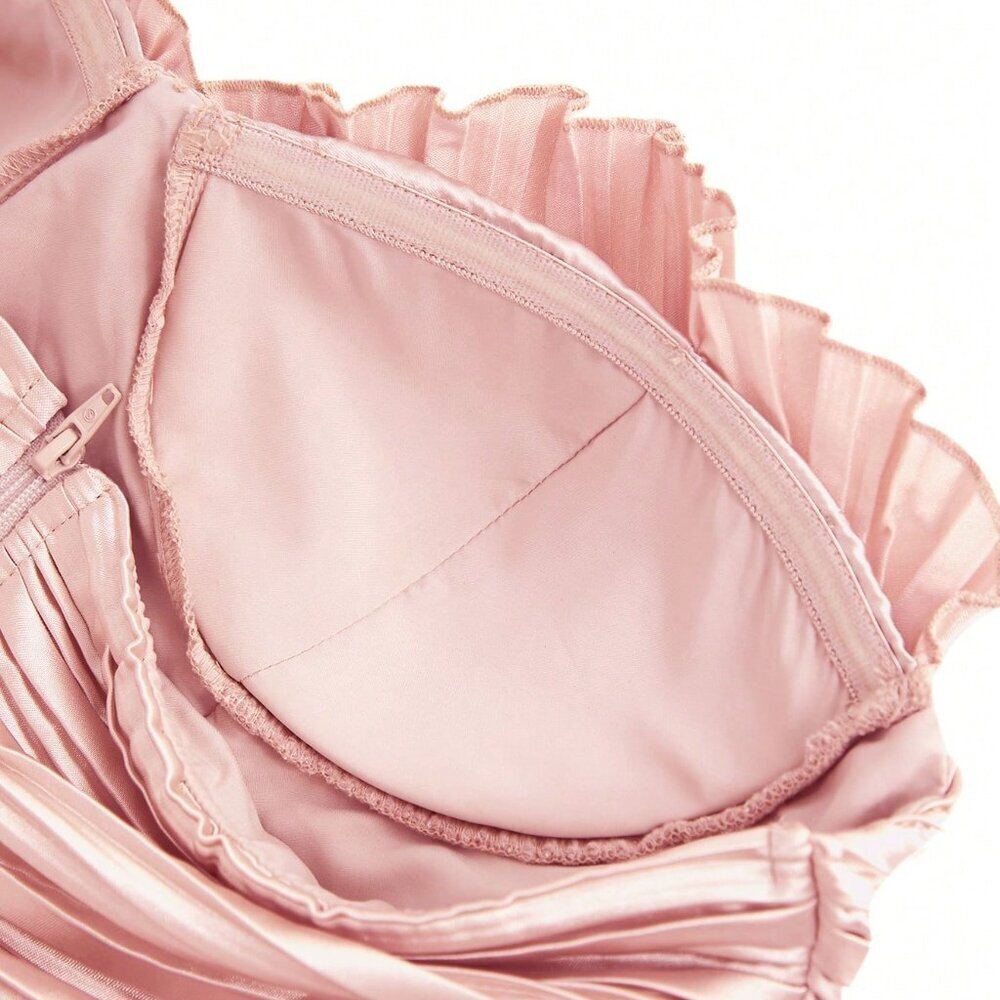 Dusty Pink Elegant Women's Pleated Satin Corset Tube Top with Flares - Picture 8 of 8